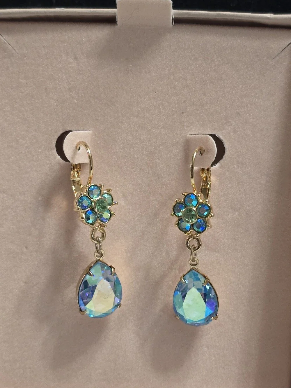 Kirks Folly Gold-Tone Blue Green Floral Aurora Crystal Teardrop Dangle Earrings - Picture 1 of 9